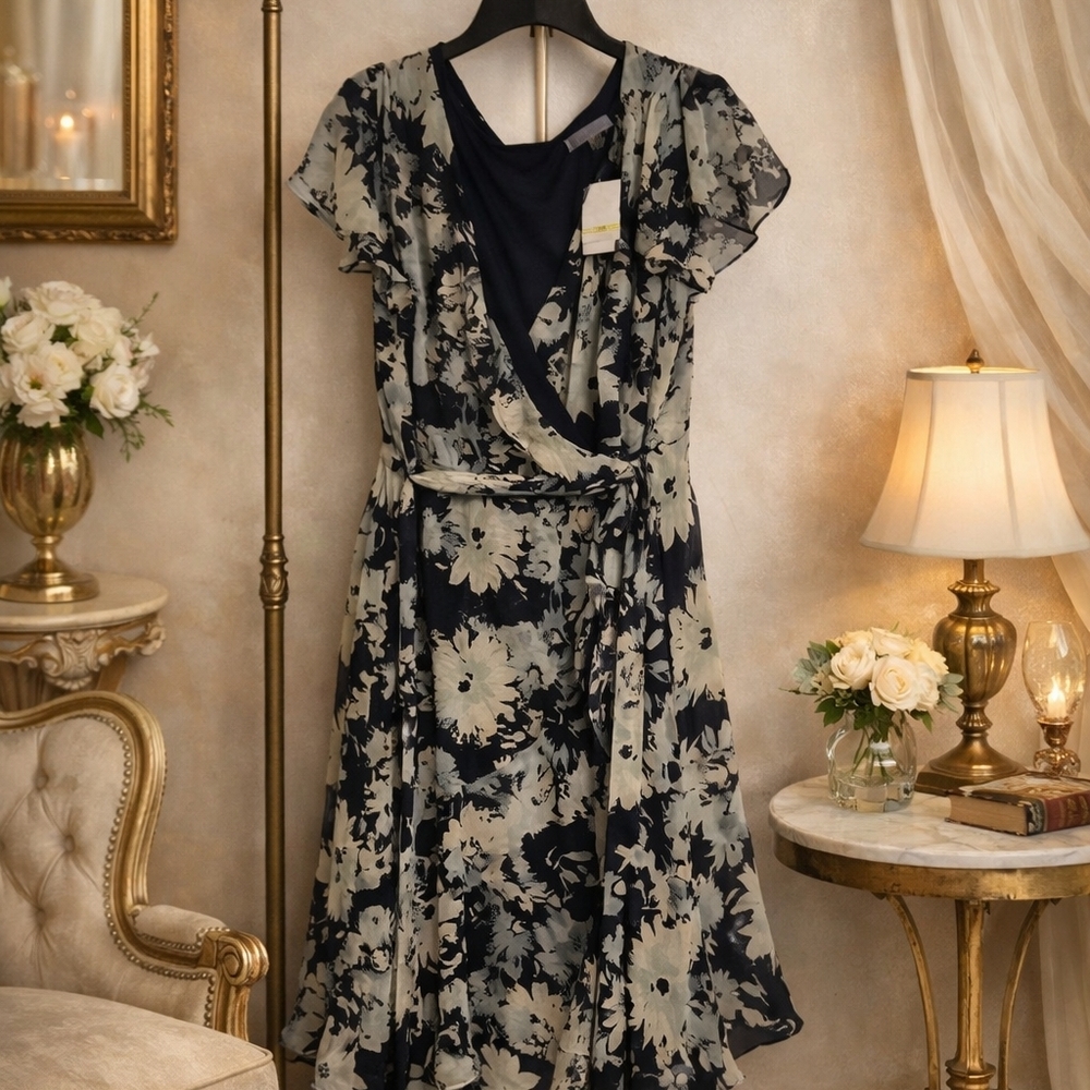 Floral Wrap Dress in Black and Cream New